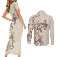Beige Hawaii Couples Matching Short Sleeve Bodycon Dress and Long Sleeve Button Shirt Hammerhead Shark Tattoo Curve Polynesian LT14 - Polynesian Pride