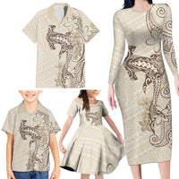 Beige Hawaii Family Matching Long Sleeve Bodycon Dress and Hawaiian Shirt Hammerhead Shark Tattoo Curve Polynesian LT14 - Polynesian Pride