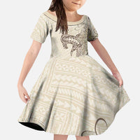 Beige Hawaii Family Matching Off The Shoulder Long Sleeve Dress and Hawaiian Shirt Hammerhead Shark Tattoo Curve Polynesian LT14 Daughter's Dress Beige - Polynesian Pride