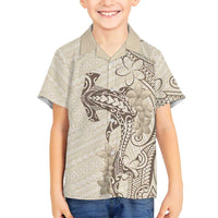 Beige Hawaii Family Matching Off Shoulder Maxi Dress and Hawaiian Shirt Hammerhead Shark Tattoo Curve Polynesian LT14 Son's Shirt Beige - Polynesian Pride
