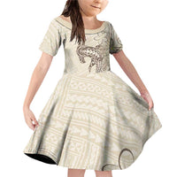 Beige Hawaii Family Matching Off Shoulder Short Dress and Hawaiian Shirt Hammerhead Shark Tattoo Curve Polynesian LT14 Daughter's Dress Beige - Polynesian Pride
