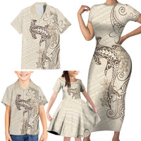 Beige Hawaii Family Matching Short Sleeve Bodycon Dress and Hawaiian Shirt Hammerhead Shark Tattoo Curve Polynesian LT14 - Polynesian Pride