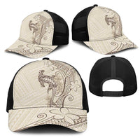 Beige Hawaii Mesh Trucker Cap Hammerhead Shark Tattoo Curve Polynesian - Polynesian Pride