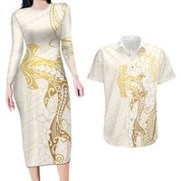 Gold and White Hawaii Couples Matching Long Sleeve Bodycon Dress and Hawaiian Shirt Hammerhead Shark Tattoo Curve Polynesian LT14 White - Polynesian Pride