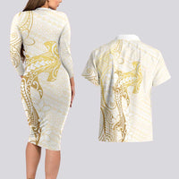 Gold and White Hawaii Couples Matching Long Sleeve Bodycon Dress and Hawaiian Shirt Hammerhead Shark Tattoo Curve Polynesian LT14 - Polynesian Pride