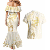Gold and White Hawaii Couples Matching Mermaid Dress and Hawaiian Shirt Hammerhead Shark Tattoo Curve Polynesian LT14 - Polynesian Pride