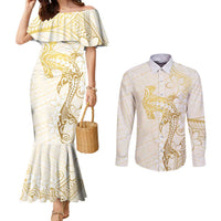 Gold and White Hawaii Couples Matching Mermaid Dress and Long Sleeve Button Shirt Hammerhead Shark Tattoo Curve Polynesian LT14 White - Polynesian Pride