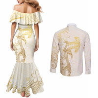 Gold and White Hawaii Couples Matching Mermaid Dress and Long Sleeve Button Shirt Hammerhead Shark Tattoo Curve Polynesian LT14 - Polynesian Pride