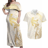 Gold and White Hawaii Couples Matching Off Shoulder Maxi Dress and Hawaiian Shirt Hammerhead Shark Tattoo Curve Polynesian LT14 White - Polynesian Pride