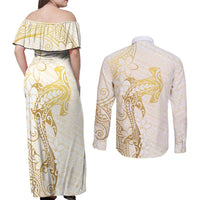 Gold and White Hawaii Couples Matching Off Shoulder Maxi Dress and Long Sleeve Button Shirt Hammerhead Shark Tattoo Curve Polynesian LT14 - Polynesian Pride