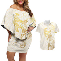 Gold and White Hawaii Couples Matching Off Shoulder Short Dress and Hawaiian Shirt Hammerhead Shark Tattoo Curve Polynesian LT14 White - Polynesian Pride