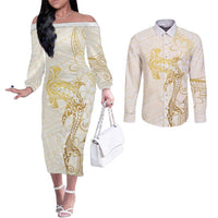 Gold and White Hawaii Couples Matching Off The Shoulder Long Sleeve Dress and Long Sleeve Button Shirt Hammerhead Shark Tattoo Curve Polynesian LT14 White - Polynesian Pride
