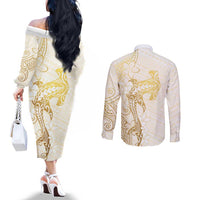 Gold and White Hawaii Couples Matching Off The Shoulder Long Sleeve Dress and Long Sleeve Button Shirt Hammerhead Shark Tattoo Curve Polynesian LT14 - Polynesian Pride