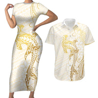 Gold and White Hawaii Couples Matching Short Sleeve Bodycon Dress and Hawaiian Shirt Hammerhead Shark Tattoo Curve Polynesian LT14 White - Polynesian Pride