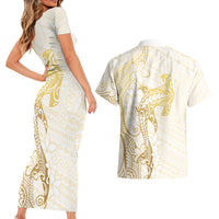 Gold and White Hawaii Couples Matching Short Sleeve Bodycon Dress and Hawaiian Shirt Hammerhead Shark Tattoo Curve Polynesian LT14 - Polynesian Pride
