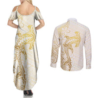 Gold and White Hawaii Couples Matching Summer Maxi Dress and Long Sleeve Button Shirt Hammerhead Shark Tattoo Curve Polynesian LT14 - Polynesian Pride