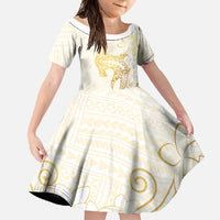 Gold and White Hawaii Family Matching Mermaid Dress and Hawaiian Shirt Hammerhead Shark Tattoo Curve Polynesian LT14 Daughter's Dress White - Polynesian Pride