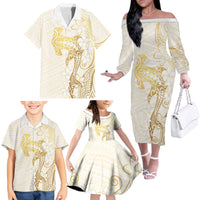 Gold and White Hawaii Family Matching Off The Shoulder Long Sleeve Dress and Hawaiian Shirt Hammerhead Shark Tattoo Curve Polynesian LT14 - Polynesian Pride
