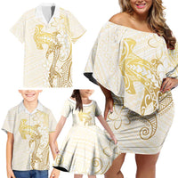 Gold and White Hawaii Family Matching Off Shoulder Short Dress and Hawaiian Shirt Hammerhead Shark Tattoo Curve Polynesian LT14 - Polynesian Pride