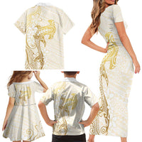 Gold and White Hawaii Family Matching Short Sleeve Bodycon Dress and Hawaiian Shirt Hammerhead Shark Tattoo Curve Polynesian LT14 - Polynesian Pride