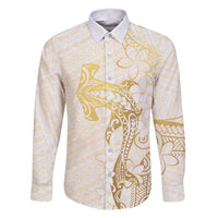 Gold and White Hawaii Family Matching Short Sleeve Bodycon Dress and Hawaiian Shirt Hammerhead Shark Tattoo Curve Polynesian LT14 Dad's Shirt - Long Sleeve White - Polynesian Pride