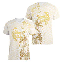 Gold and White Hawaii Women V-Neck T-Shirt Hammerhead Shark Tattoo Curve Polynesian LT14 - Polynesian Pride