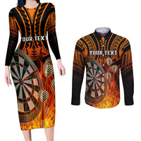 Personalised Polynesian Darts Couples Matching Long Sleeve Bodycon Dress and Long Sleeve Button Shirts Fire Burning With Tribal Tattoo LT14 Orange - Polynesian Pride
