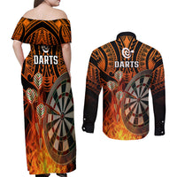 Personalised Polynesian Darts Couples Matching Off Shoulder Maxi Dress and Long Sleeve Button Shirts Fire Burning With Tribal Tattoo LT14 - Polynesian Pride