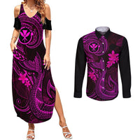 Hawaii Couples Matching Summer Maxi Dress and Long Sleeve Button Shirts Fish Hook Tattoo Mix Polynesian Plumeria Pink Version LT14 Pink - Polynesian Pride