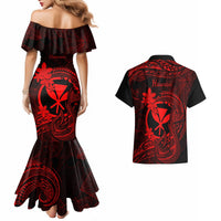 Hawaii Couples Matching Mermaid Dress and Hawaiian Shirt Fish Hook Tattoo Mix Polynesian Plumeria Red Version LT14 - Polynesian Pride