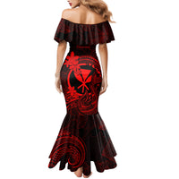 Hawaii Family Matching Mermaid Dress and Hawaiian Shirt Fish Hook Tattoo Mix Polynesian Plumeria Red Version LT14 - Polynesian Pride