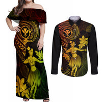 Hawaii Couples Matching Off Shoulder Maxi Dress and Long Sleeve Button Shirts Hula Girl Mix Polynesian Plumeria Reggae Version LT14 Reggae - Polynesian Pride
