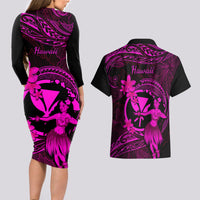 Hawaii Couples Matching Long Sleeve Bodycon Dress and Hawaiian Shirt Hula Girl Mix Polynesian Plumeria Pink Version LT14 - Polynesian Pride