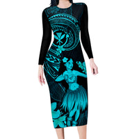 Hawaii Family Matching Long Sleeve Bodycon Dress and Hawaiian Shirt Hula Girl Mix Polynesian Plumeria Turquoise Version LT14 Mom's Dress Turquoise - Polynesian Pride