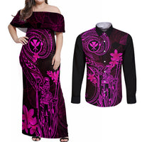 Hawaii Couples Matching Off Shoulder Maxi Dress and Long Sleeve Button Shirts King Kamehameha Mix Polynesian Plumeria Pink Version LT14 Pink - Polynesian Pride
