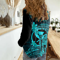 Hawaii Women Casual Shirt King Kamehameha Mix Polynesian Plumeria Turquoise Version LT14 - Polynesian Pride