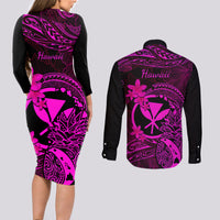 Hawaii Couples Matching Long Sleeve Bodycon Dress and Long Sleeve Button Shirts Pineapple Mix Polynesian Plumeria Pink Version LT14 - Polynesian Pride