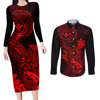 Hawaii Couples Matching Long Sleeve Bodycon Dress and Long Sleeve Button Shirts Pineapple Mix Polynesian Plumeria Red Version LT14 Red - Polynesian Pride