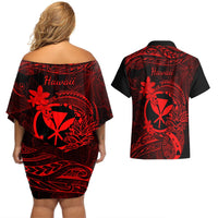 Hawaii Couples Matching Off Shoulder Short Dress and Hawaiian Shirt Pineapple Mix Polynesian Plumeria Red Version LT14 - Polynesian Pride
