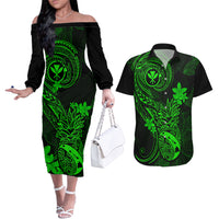 Hawaii Couples Matching Off The Shoulder Long Sleeve Dress and Hawaiian Shirt Pineapple Mix Polynesian Plumeria Green Version LT14 Green - Polynesian Pride