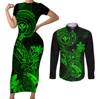 hawaii-couples-matching-short-sleeve-bodycon-dress-and-long-sleeve-button-shirts-pineapple-mix-polynesian-plumeria-green-version