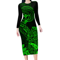 Hawaii Family Matching Long Sleeve Bodycon Dress and Hawaiian Shirt Pineapple Mix Polynesian Plumeria Green Version LT14 Mom's Dress Green - Polynesian Pride