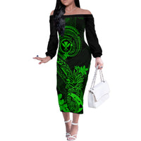Hawaii Family Matching Off Shoulder Long Sleeve Dress and Hawaiian Shirt Pineapple Mix Polynesian Plumeria Green Version LT14 Mom's Dress Green - Polynesian Pride