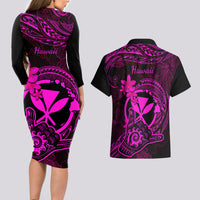 Hawaii Couples Matching Long Sleeve Bodycon Dress and Hawaiian Shirt Shaka Tattoo Mix Polynesian Plumeria Pink Version LT14 - Polynesian Pride