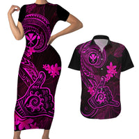 Hawaii Couples Matching Short Sleeve Bodycon Dress and Hawaiian Shirt Shaka Tattoo Mix Polynesian Plumeria Pink Version LT14 Pink - Polynesian Pride