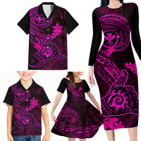 Hawaii Family Matching Long Sleeve Bodycon Dress and Hawaiian Shirt Shaka Tattoo Mix Polynesian Plumeria Pink Version LT14 - Polynesian Pride