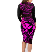 Hawaii Family Matching Long Sleeve Bodycon Dress and Hawaiian Shirt Shaka Tattoo Mix Polynesian Plumeria Pink Version LT14 - Polynesian Pride