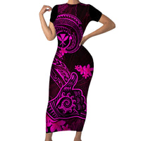 Hawaii Family Matching Short Sleeve Bodycon Dress and Hawaiian Shirt Shaka Tattoo Mix Polynesian Plumeria Pink Version LT14 Mom's Dress Pink - Polynesian Pride