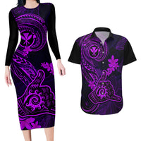 Hawaii Couples Matching Long Sleeve Bodycon Dress and Hawaiian Shirt Shaka Tattoo Mix Polynesian Plumeria Purple Version LT14 Purple - Polynesian Pride
