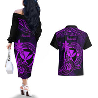 Hawaii Couples Matching Off The Shoulder Long Sleeve Dress and Hawaiian Shirt Shaka Tattoo Mix Polynesian Plumeria Purple Version LT14 - Polynesian Pride
